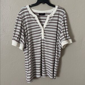 Lane Bryant WMS Plus Elbow Puff-Sleeve Henley Rib Tee Neutral Stripe 26/28 4X